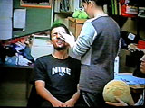 Mike Ouchachov getting his make-up applied.